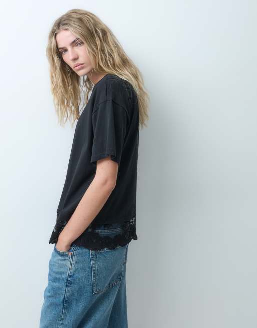 ONLY lace trim t-shirt in black, 3 of 4