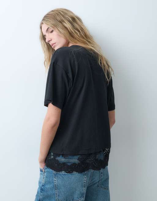 ONLY lace trim t-shirt in black, 4 of 4