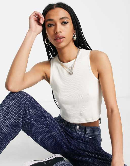Only lace up open back cropped singlet in cream