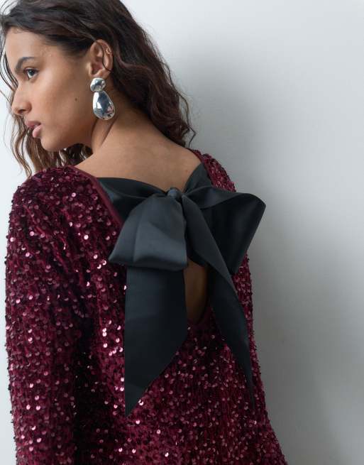ONLY langärmliges Minikleid mit Rückenschleife in Burgunderrot, 4 von 4