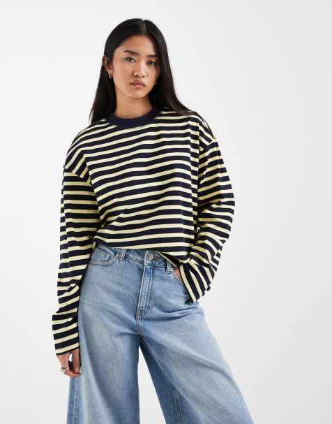 ONLY – Langärmliges Oversize-Shirt in Gelb und Marineblau gestreift - view 1