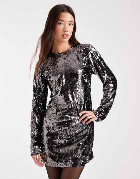 ONLY – Langärmliges Pailletten-Minikleid in Graphitgrau mit Rückenausschnitt - view 1