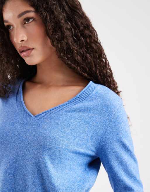 ONLY – Langärmliges Strickoberteil mit V-Ausschnitt in Blau, 3 von 4
