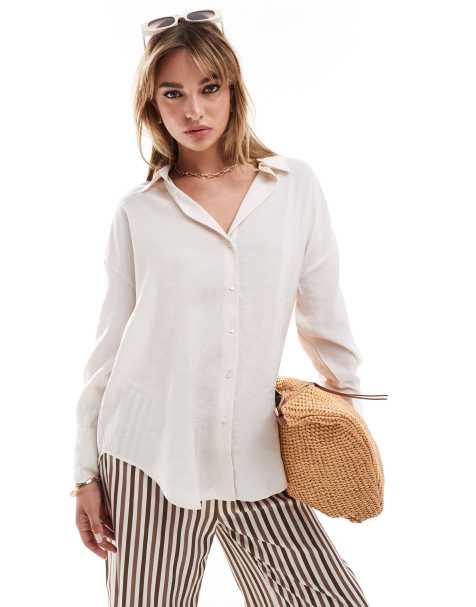 Only – Langärmliges, strukturiertes Oversize-Hemd in Steinbeige - view 1