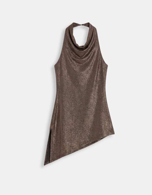 ONLY lange asymmetrische haltertop in koperkleurige glitter, 5 van 8