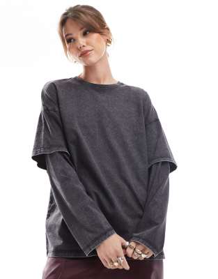 layered long sleeve top in washed gray