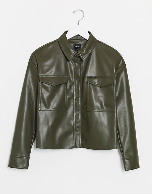 Only leather look shirt jacket in green