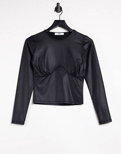 Only leather look top with seam detail in black