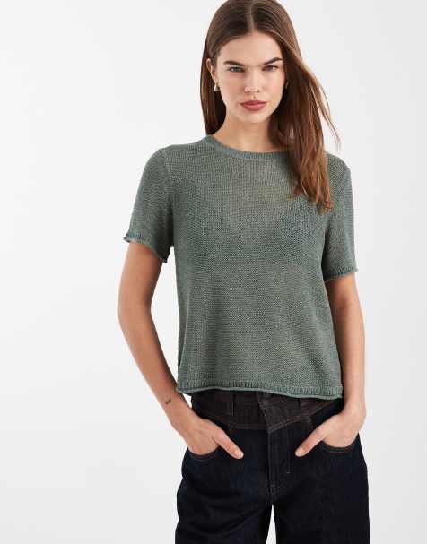 ONLY – Leichtes T-Shirt aus offenmaschigem Strick in Dunkelgrün - view 1