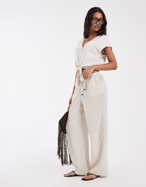 ONLY – Leinenmix-Hose in Beige mit weitem Bein, Kombiteil - view 1