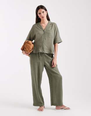 ONLY - Leinenmix-Hose in hellem Khaki mit weitem Bein, Kombiteil-Grün
