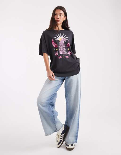 ONLY leopard graphic oversized fit t-shirt in charcoal, 4 of 4