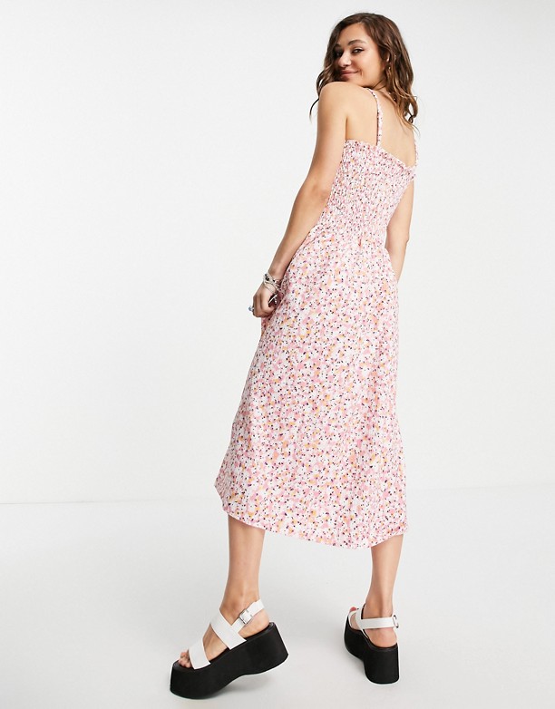  Seksowny Only – Letnia sukienka midi z marszczeniem i drobnym kwiatowym wzorem RÓżowy w kwiaty