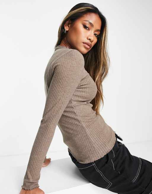 Only lettuce edge high neck ribbed top in brown