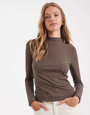 Only Lettuce Edge High Neck Ribbed Top In Brown