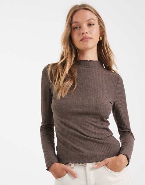 Only lettuce edge high neck ribbed top in brown - view 1