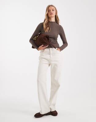 Only Lettuce Edge High Neck Ribbed Top In Brown