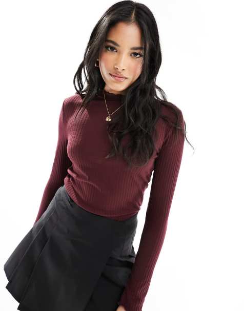 ONLY lettuce edge high neck ribbed top in burgundy  - view 1