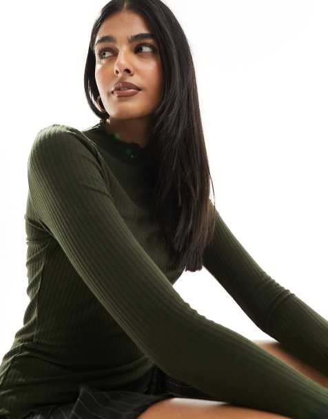 ONLY lettuce edge high neck ribbed top in dark green  - view 1
