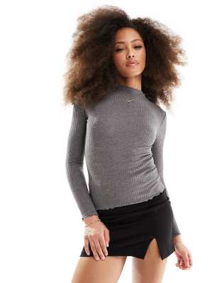 ONLY ONLY lettuce edge high neck ribbed top in dark grey melange