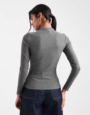 Only Lettuce Edge High Neck Ribbed Top In Gray