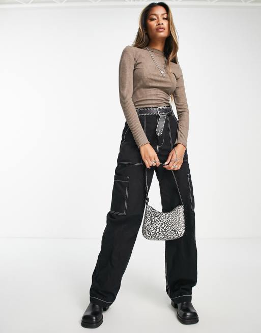 ONLY lettuce edge high neck ribbed top in light brown , 4 of 4