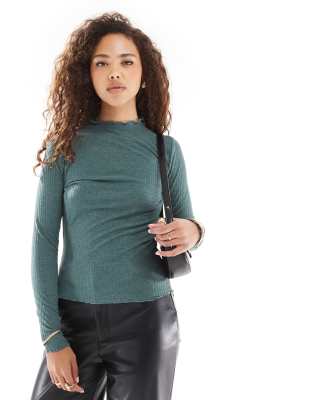 lettuce edge high neck ribbed top in teal-Green