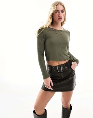 Only lettuce edge high neck ribbed top in brown