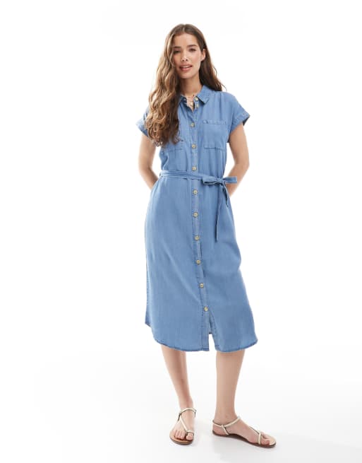 ONLY - Lichtgewicht denim overhemdjurk in middenblauw