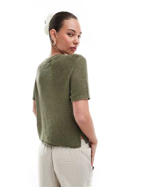 ONLY - Lichtgewicht open gebreid T-shirt in kaki, 3 van 4
