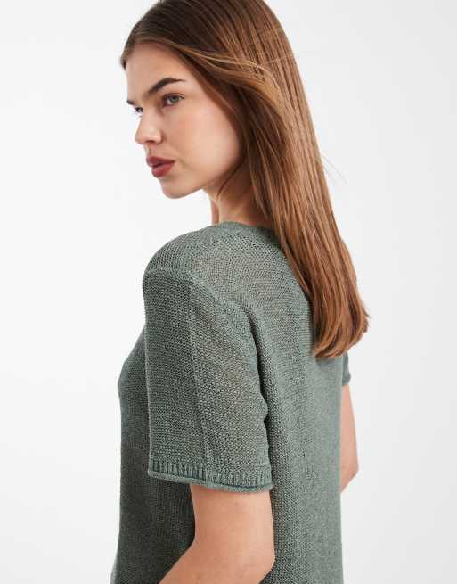 ONLY - Lichtgewicht opengebreid T-shirt in donkergroen, 4 van 4