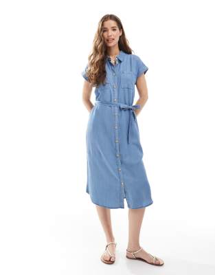 lightweight denim midi shirt dress in mid blue