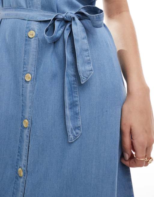 ONLY lightweight denim midi shirt dress in mid blue | ASOS