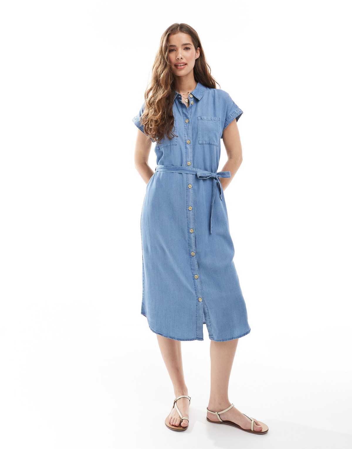 ONLY lightweight denim shirt dress in mid blue