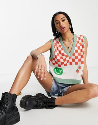 Only lightweight knit vest in checkerboard & strawberry print | ASOS