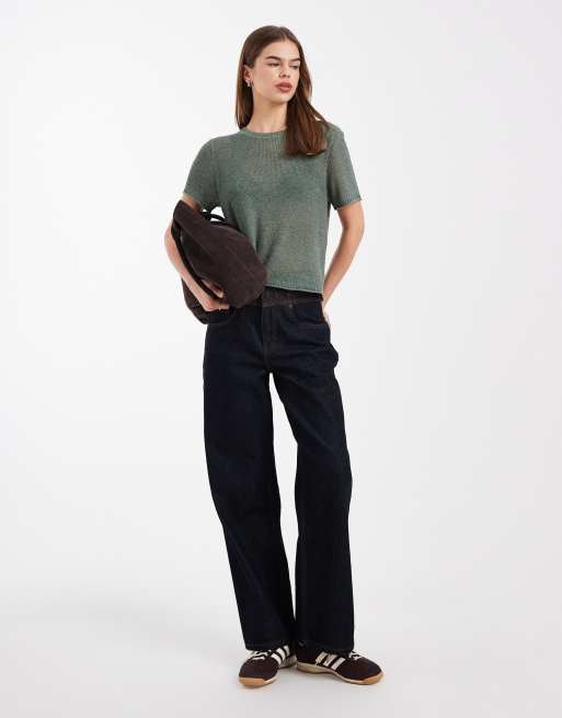 ONLY lightweight open knit t-shirt in dark green, 2 of 4