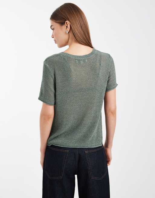 ONLY lightweight open knit t-shirt in dark green, 3 of 4