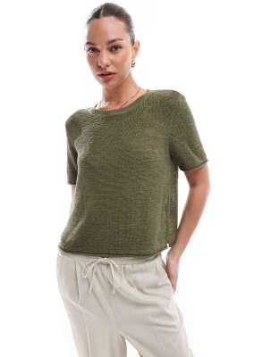 Only Lightweight Open Knit T-shirt In Green