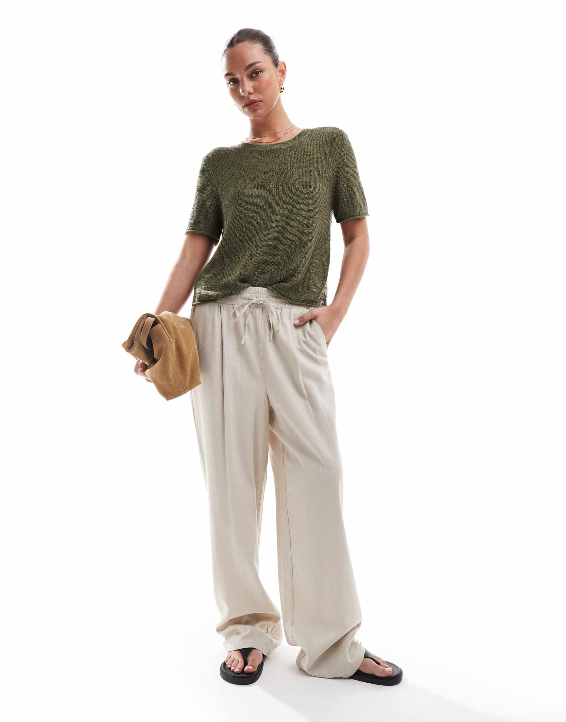only lightweight open knit t-shirt in khaki