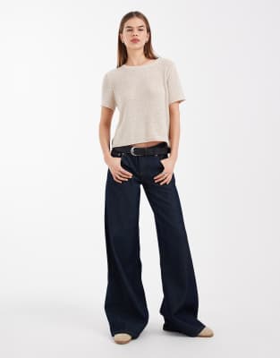 Only Lightweight Open Knit T-shirt In Neutral