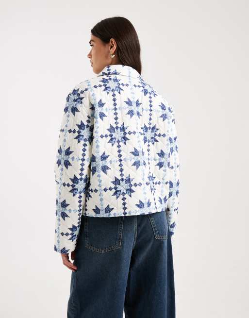 ONLY lightweight quilted jacket with blue paisley fairisle in white, 3 of 4