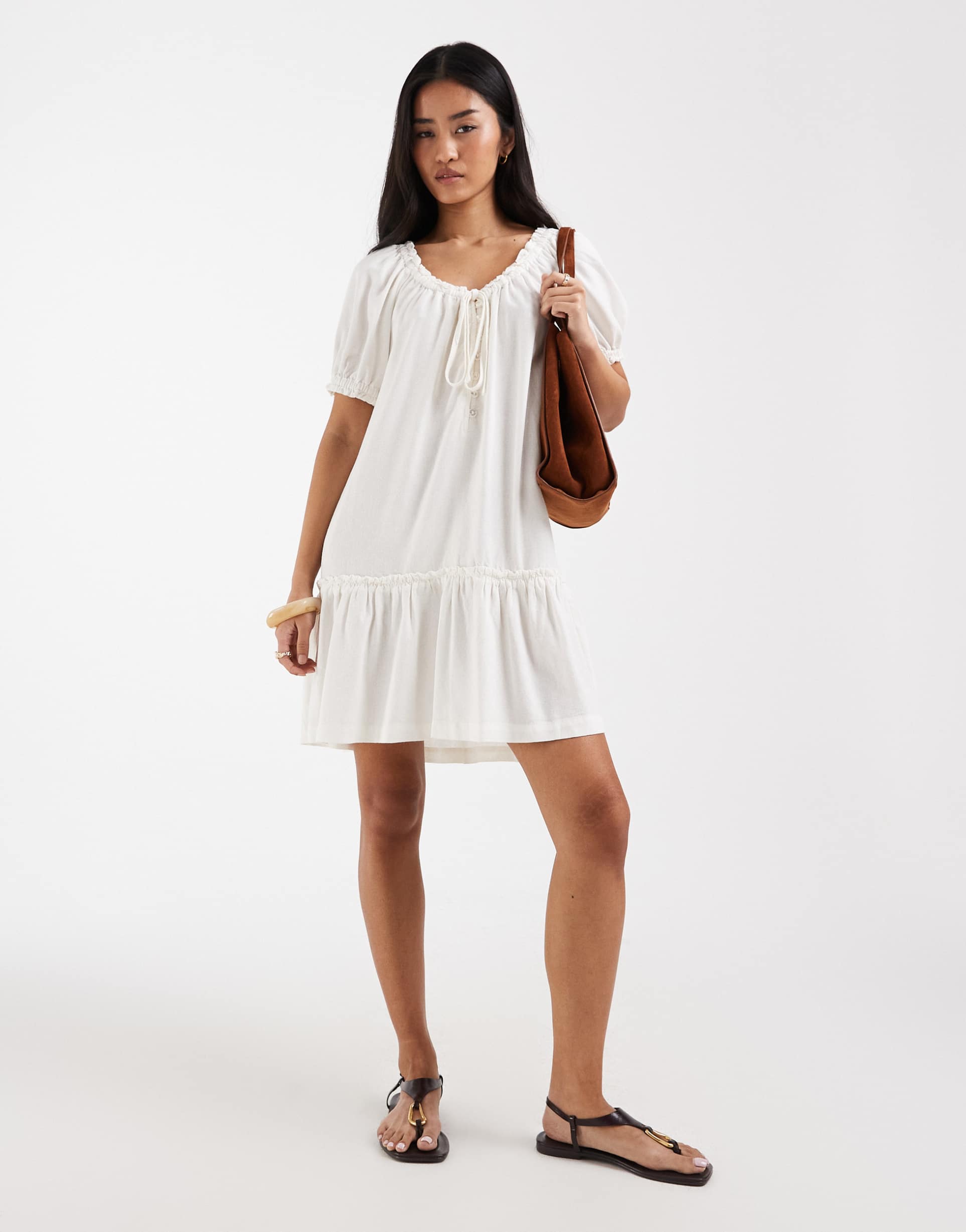 only linen blend dropped hem mini dress in white