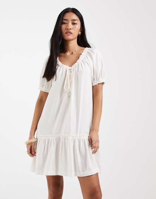 ONLY linen blend dropped hem mini dress in white, 2 of 4