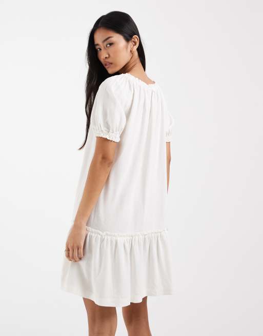 ONLY linen blend dropped hem mini dress in white, 4 of 4