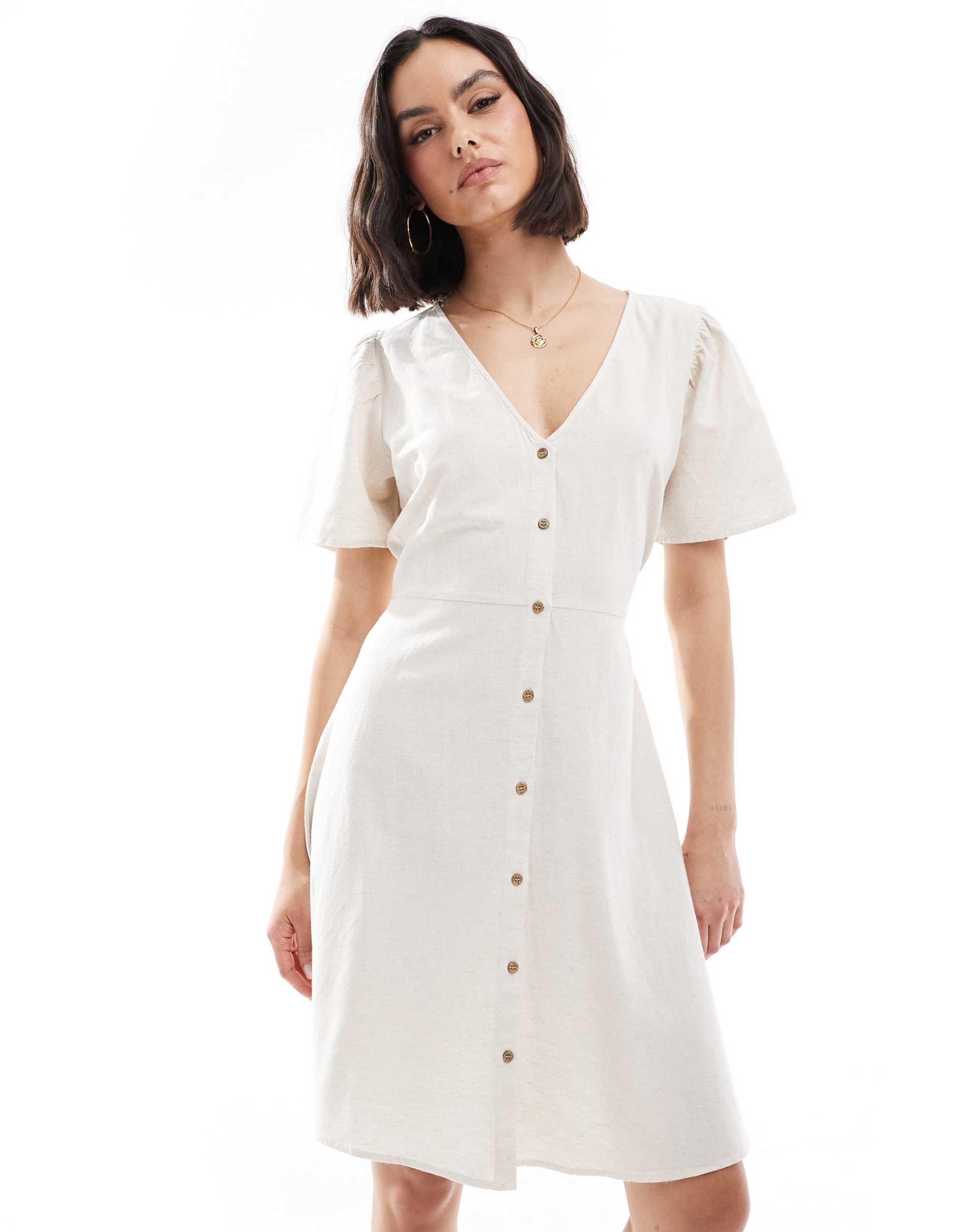 only linen blend mini dress in stone