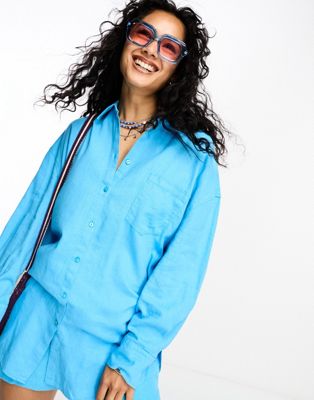 Only linen blend oversized shirt co-ord in bright blue