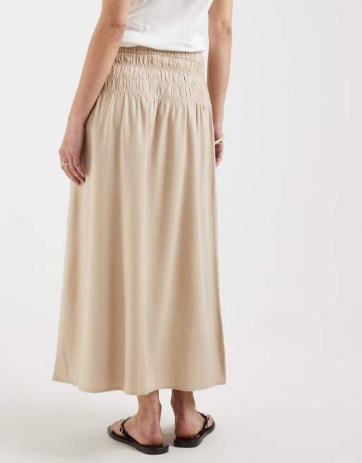 ONLY linen blend ruched waist maxi skirt in stone , 4 of 5