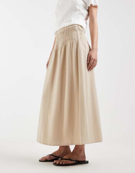 ONLY linen blend ruched waist midaxi skirt in stone - view 1
