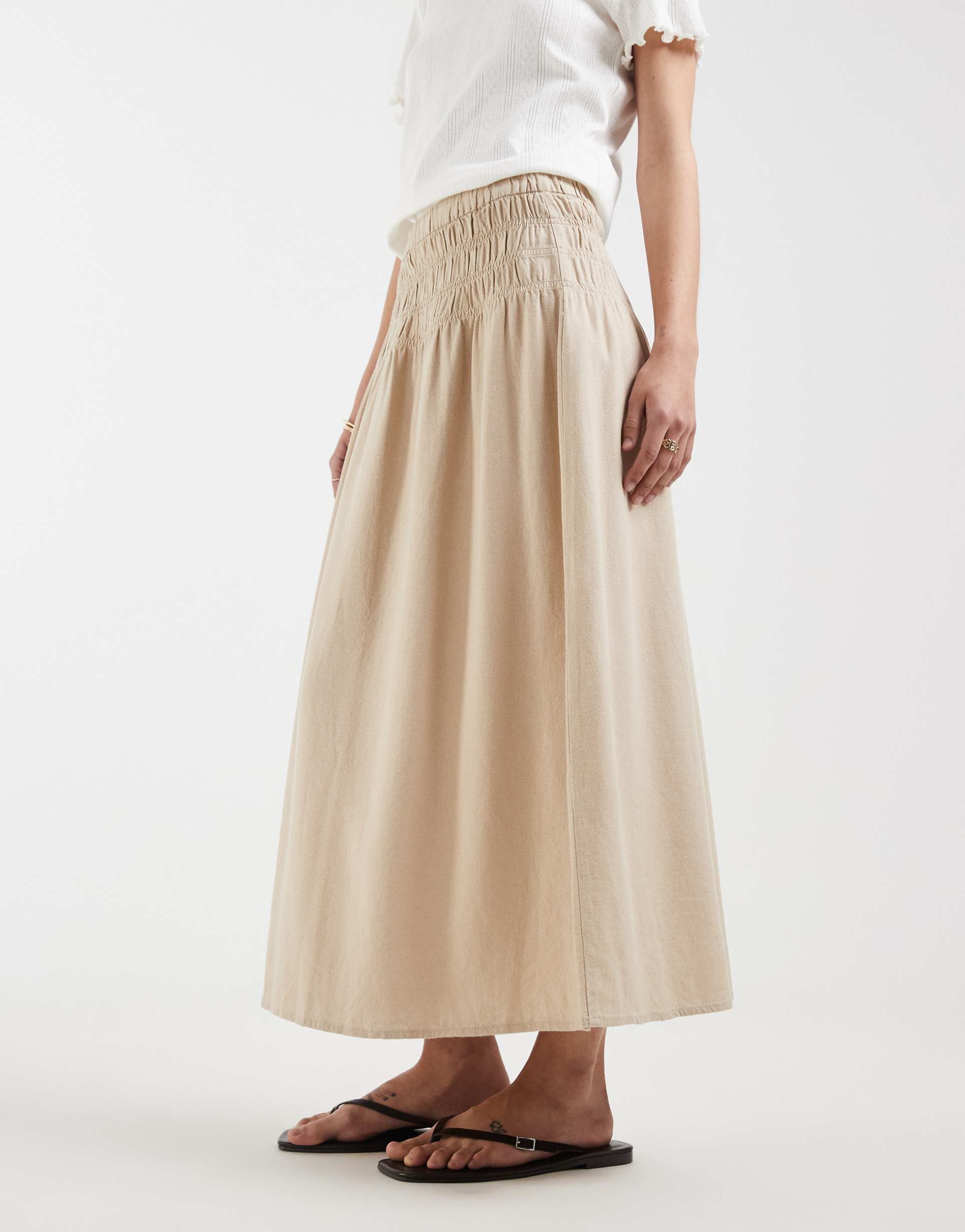 only linen blend ruched waist midaxi skirt in stone