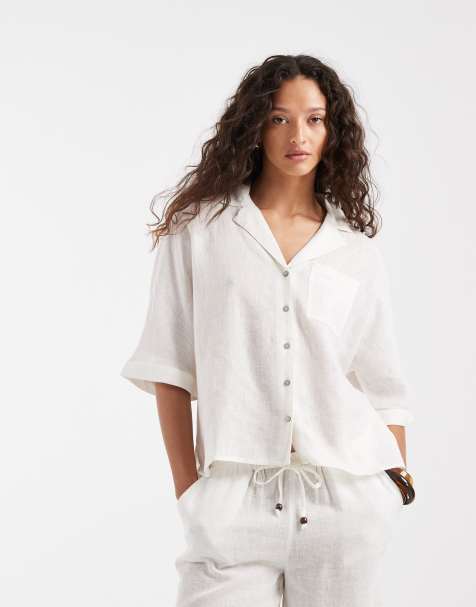 ONLY linen blend short sleeve shirt co-ord in white - view 1